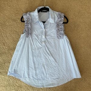 ZARA pinstripe blue white oversized collared blouse with ruffle detail